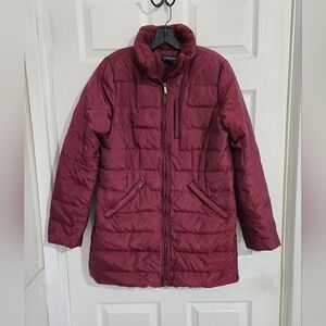 Lands’ End Women’s Quilted Puffer Coat Small Burgundy Wine Red Zip Up Jacket